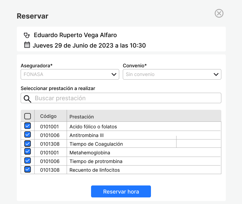 Ventana de reservar cita con énfasis en prestaciones