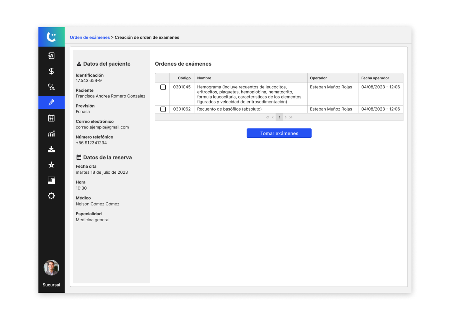 Pantalla de creación orden de exámenes sistema nicemed